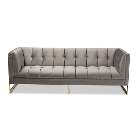 Baxton Studio Ambra Grey Velvet Upholstered and Tufted Sofa with Gold-Tone Frame 156-8865